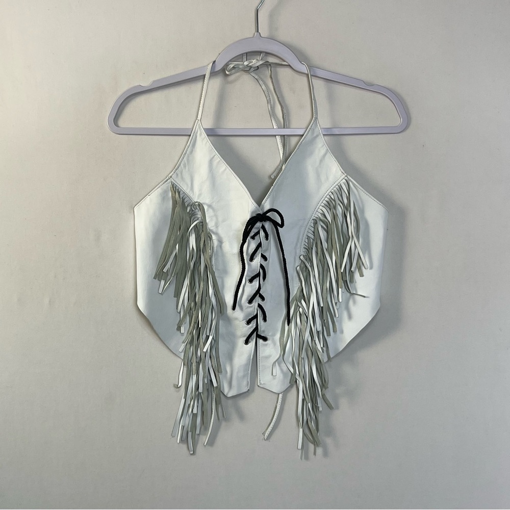 Vintage White Fringe Halter Crop Top with Black Lace-Up Detail